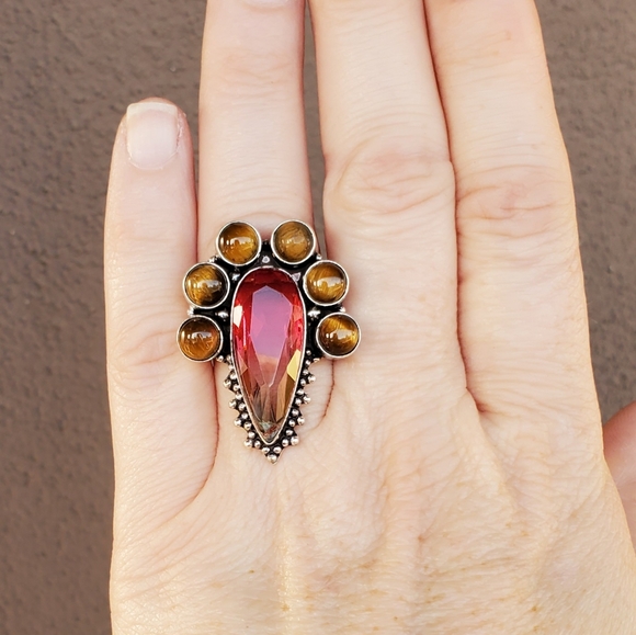 New Bi-Color Tourmaline & Tiger Eye 925 Silver Ring. - Picture 3 of 15